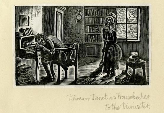 Thrawn Janet as Housekeeper to the Minister (from Album containing complete set of pulls from blocks for 'The Devil in Scotland' by Douglas Percy Bliss) (1934)