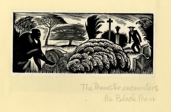 The Minister encounters the Black Man (from Album containing complete set of pulls from blocks for 'The Devil in Scotland' by Douglas Percy Bliss) (1934)