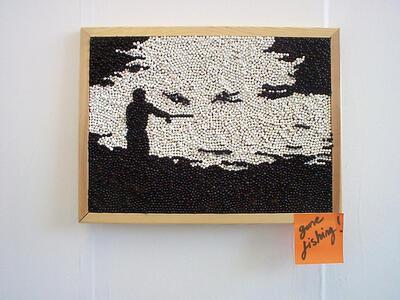 5000 map pins on corkboard to create a drawing - 'Gone Fishing' (2002)