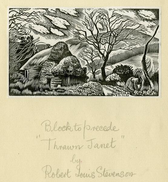 Block to precede "Thrawn Janet" by Robert Louis Stevenson (from Album containing complete set of pulls from blocks for 'The Devil in Scotland' by Douglas Percy Bliss) (1934)