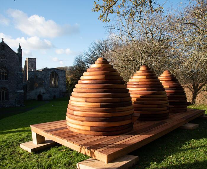 Beehive sculptures by the artist Bedwyr Williams